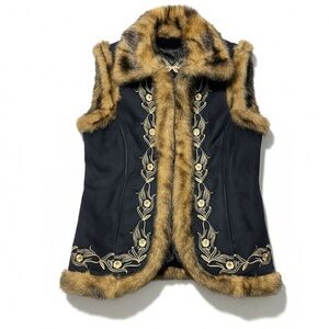 Montana Co. Western Vegan Leather Faux Fur Embroidered Vest NWT